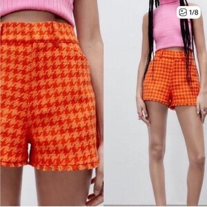 New Zara Vibrant Orange Houndstooth Shorts